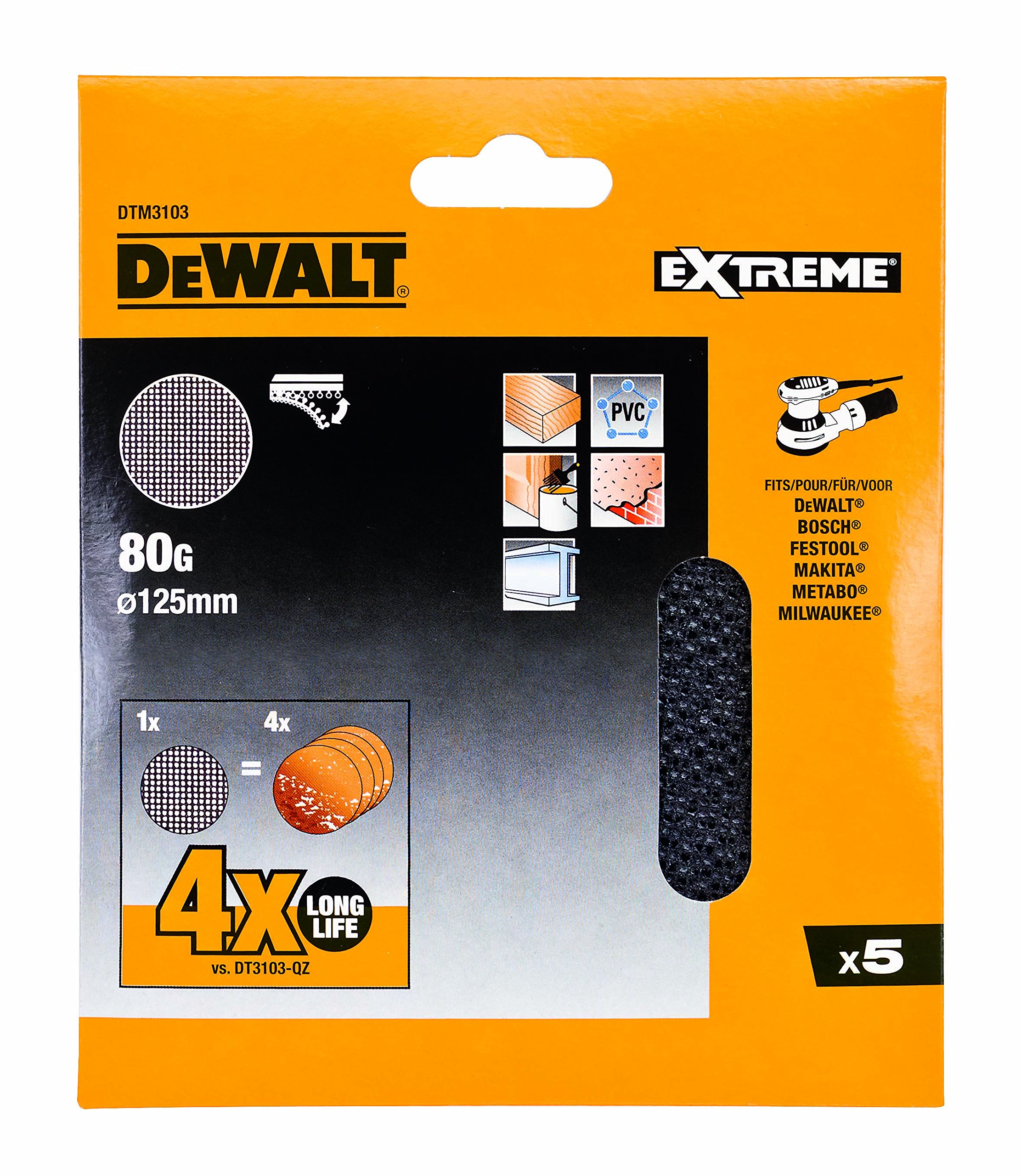 Dewalt DTM3103QZ 125 mm 80G ROS Sand Discs (Pack of 5), DTM3103-QZ