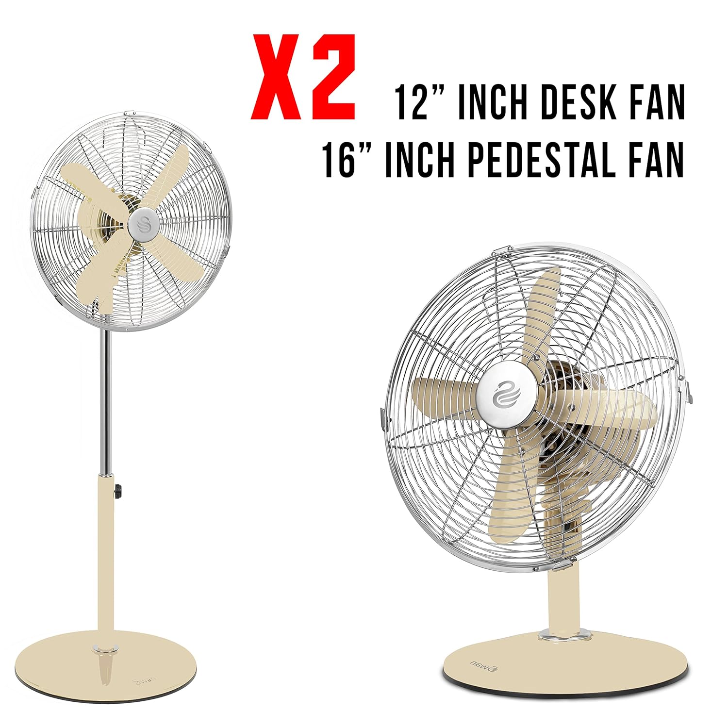 Swan SET 2x Fans Vintage Oscillating 16" Inch Pedestal Fan + 12" Inch