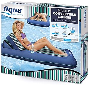 Aqua Premium Convertible Pool Lounger, Inflatable Pool Float, Heavy Duty, X-Large, 74” – 90”, Navy/Green/White Stripe