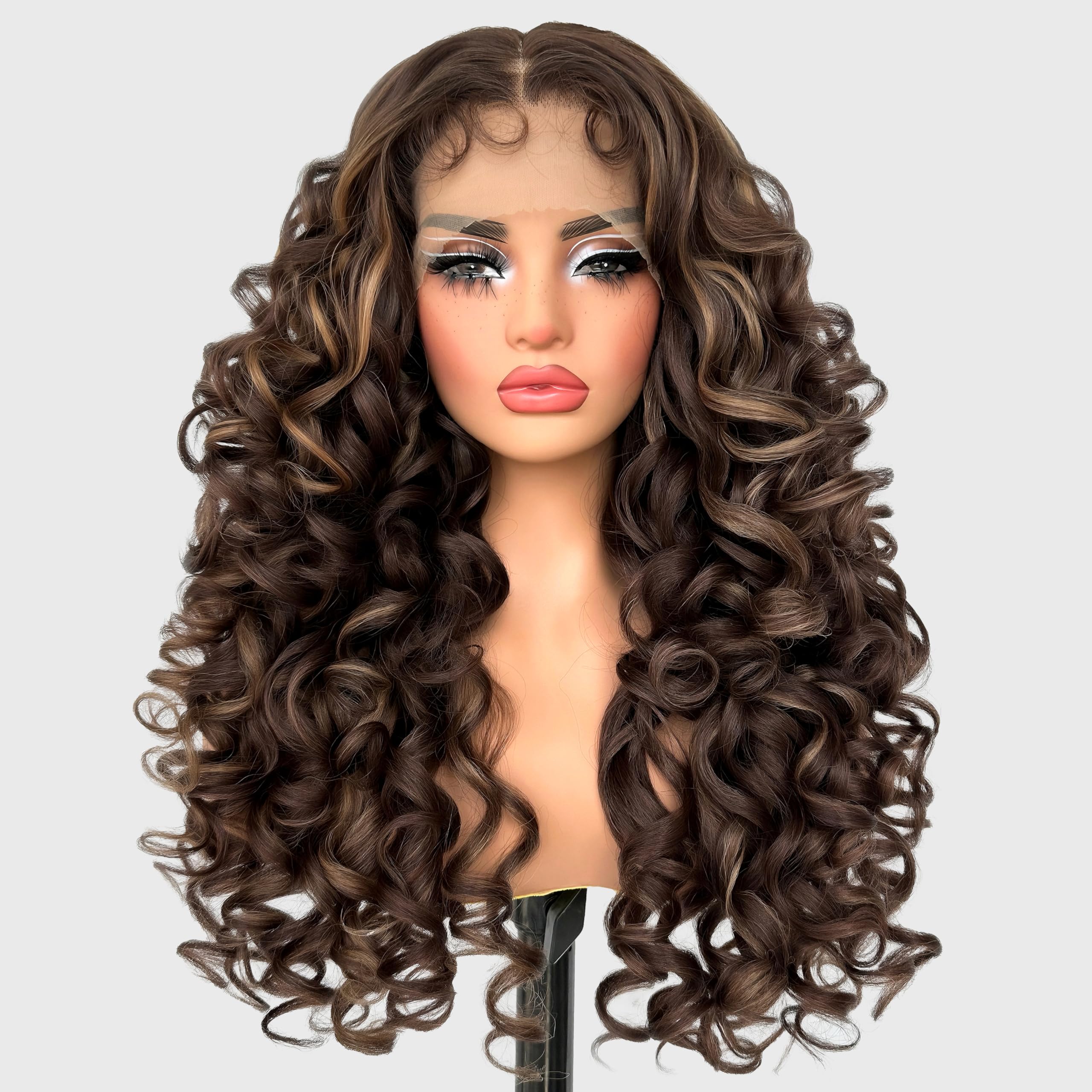 Photo 1 of SOKU Long Curly Lace Front Wig for Black Women Highlight 13x4x1 Synthetic Lace Front Wigs Glueless Pre-Plucked Hairline with Baby Hair 22 Inch Heat Resistant (Highlight Brown)