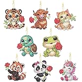 Masendp 8 Piece 5D DIY Animal Diamond Painting Double Sided Keychain Set, Flower Diamond Pendant Hanging Animal Art Decoration for Adult Beginner Pack Birthday Family Party Decoration