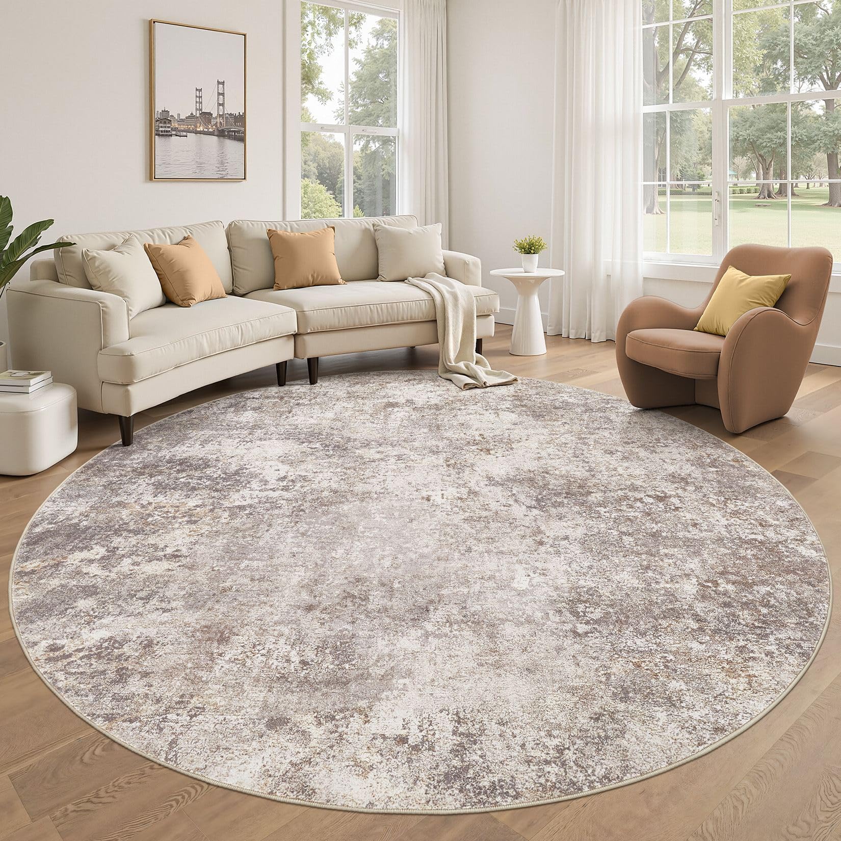 Photo 1 of DMOYEST 8ft Round Area Rug Living Room Rugs - 8x8 Washable Large Soft Indoor Neutral Modern Abstract Low Pile Rug Carpet for Bedroom Dining Room Farmhouse Home Office - Brown