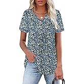 WIHOLL Summer Tops for Women 2025 Cute Floral Blouses Dressy Casual Pleated V Neck Short Sleeve Shirts Resort Wear Tee Floral Blue L