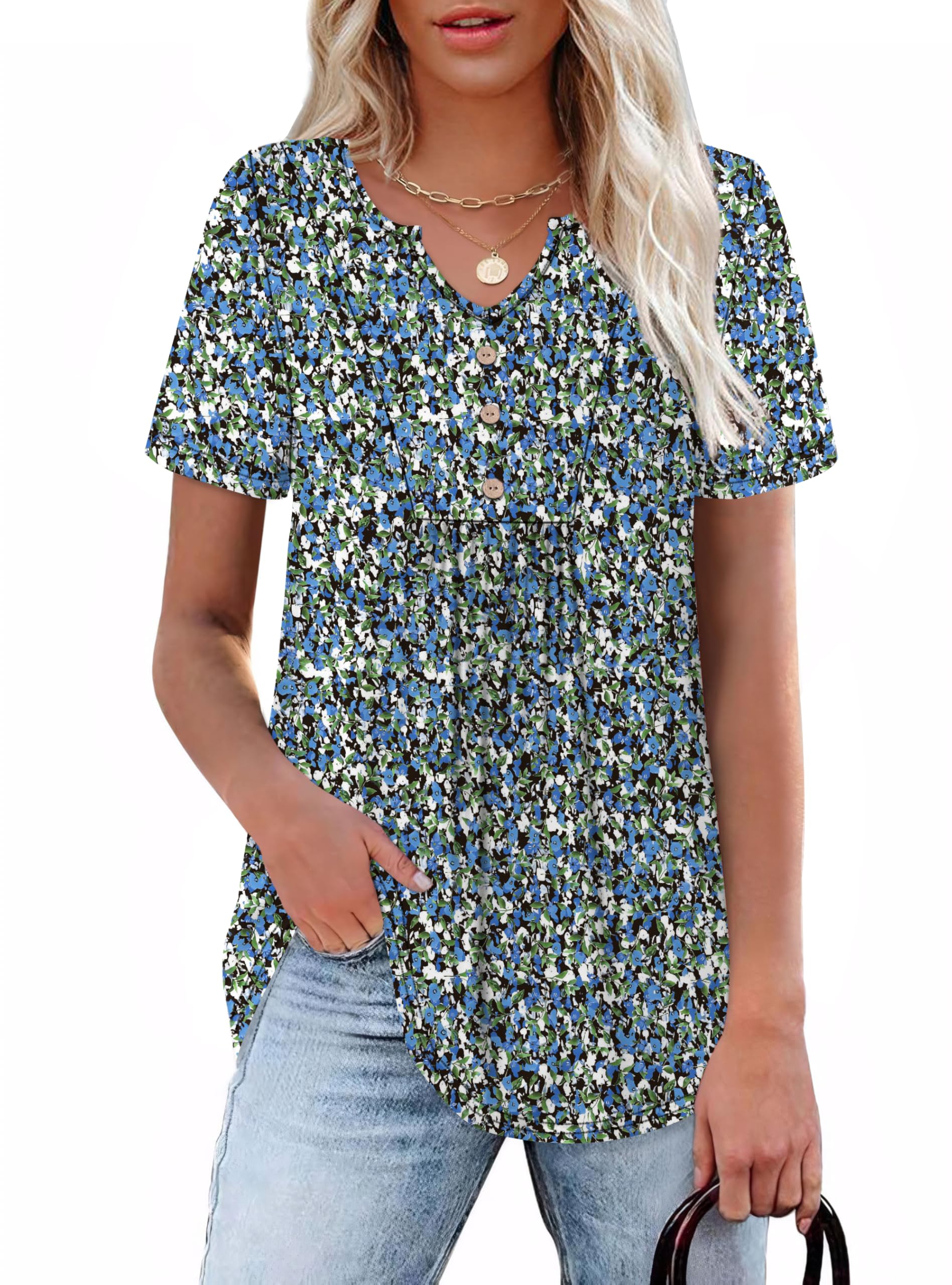 Photo 1 of WIHOLL Womens Tops Dressy Casual Spring Floral V Neck T Shirts Short Sleeve Boho Blouses Summer Date Outfits Flowy Vintage Tees 2025 Floral Blue XL