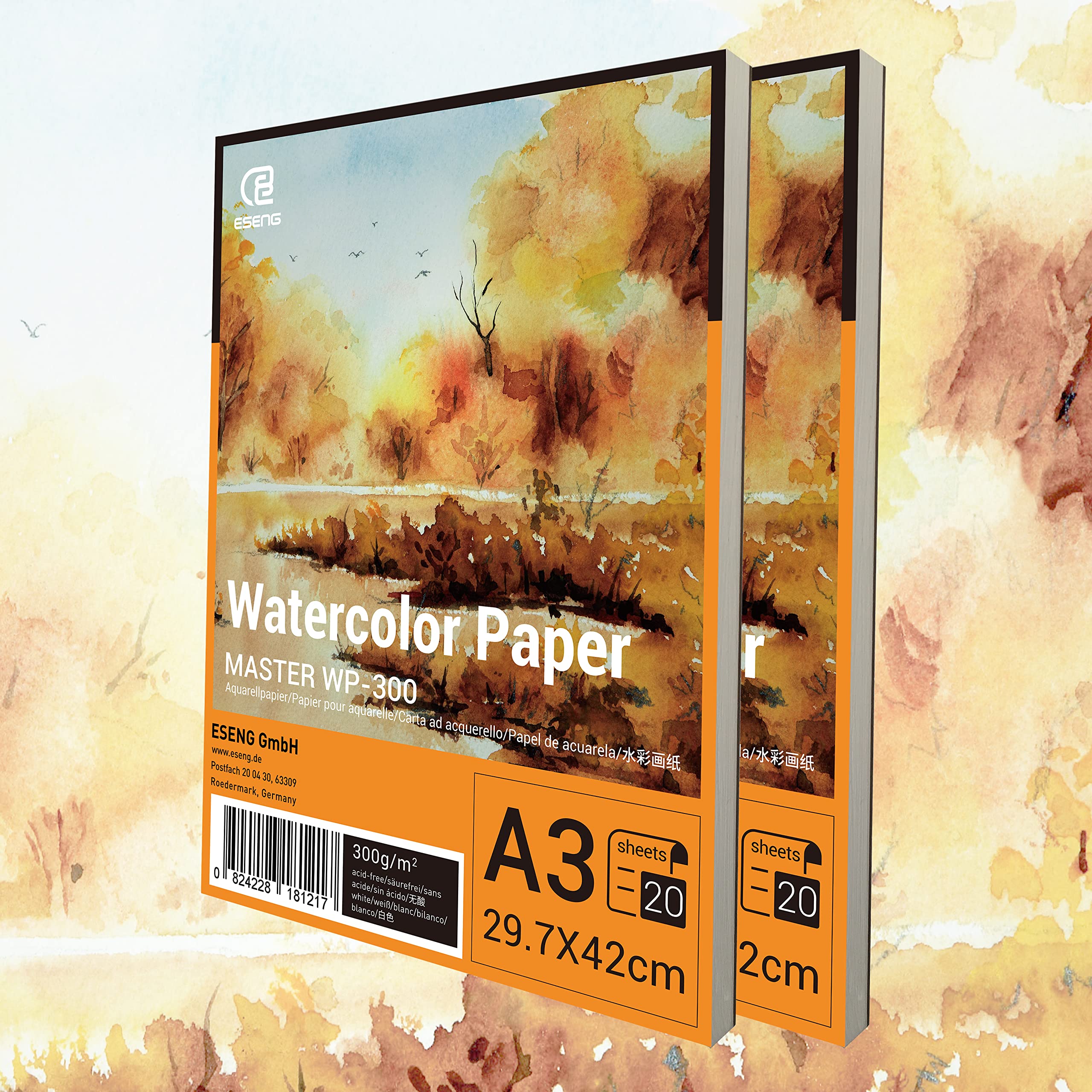 ESENG® Premium Watercolour Paper, DIN A3 300GSM, 20 Pages/Block, 2 Blocks, Paper for Watercolour, Drawing, Painting