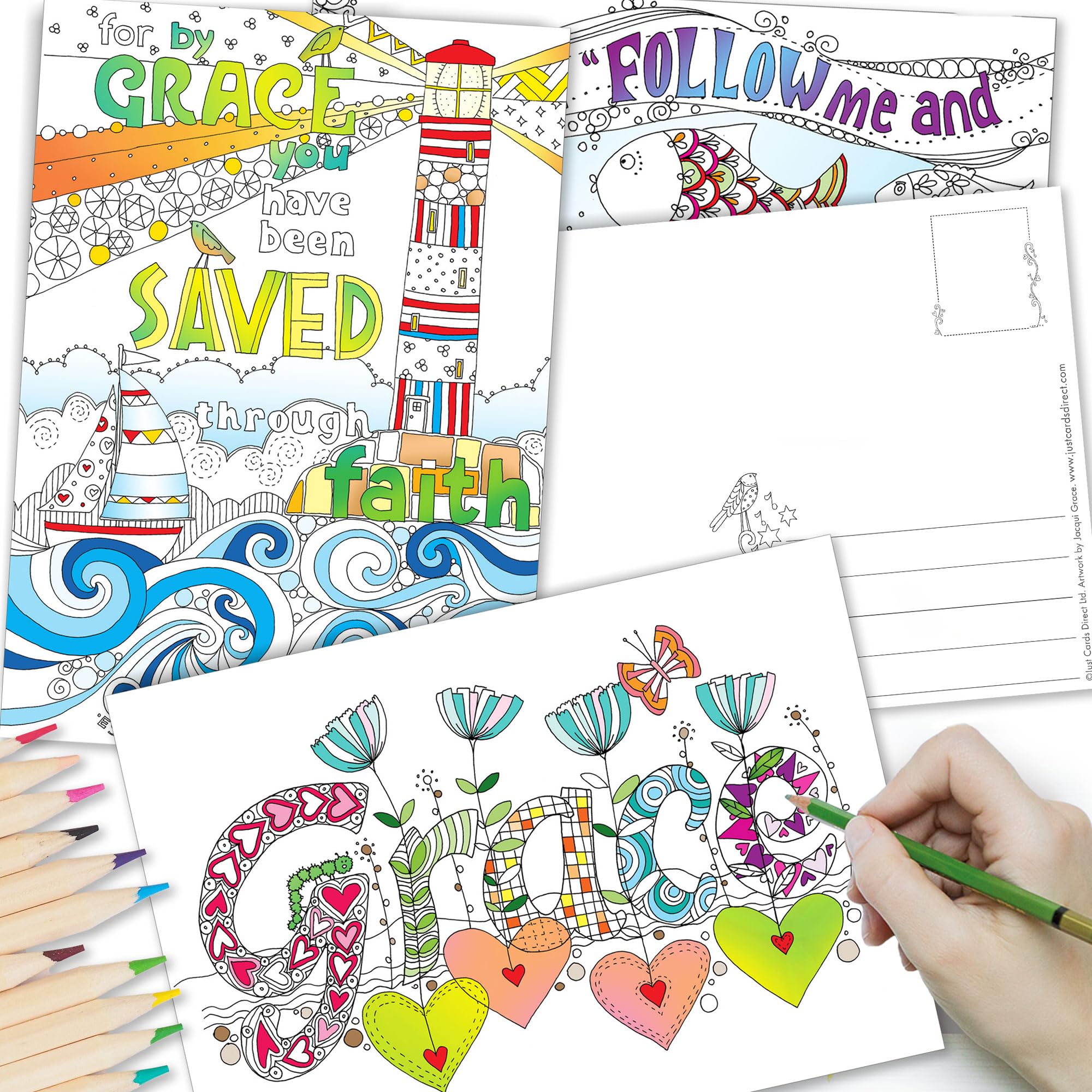 Christian Colouring Postcards, Images of Grace, Pack of 10 different designs, with coloured Bible verse on reverse. Makes a great Christian gift for adults or children, by Just Cards Direct.