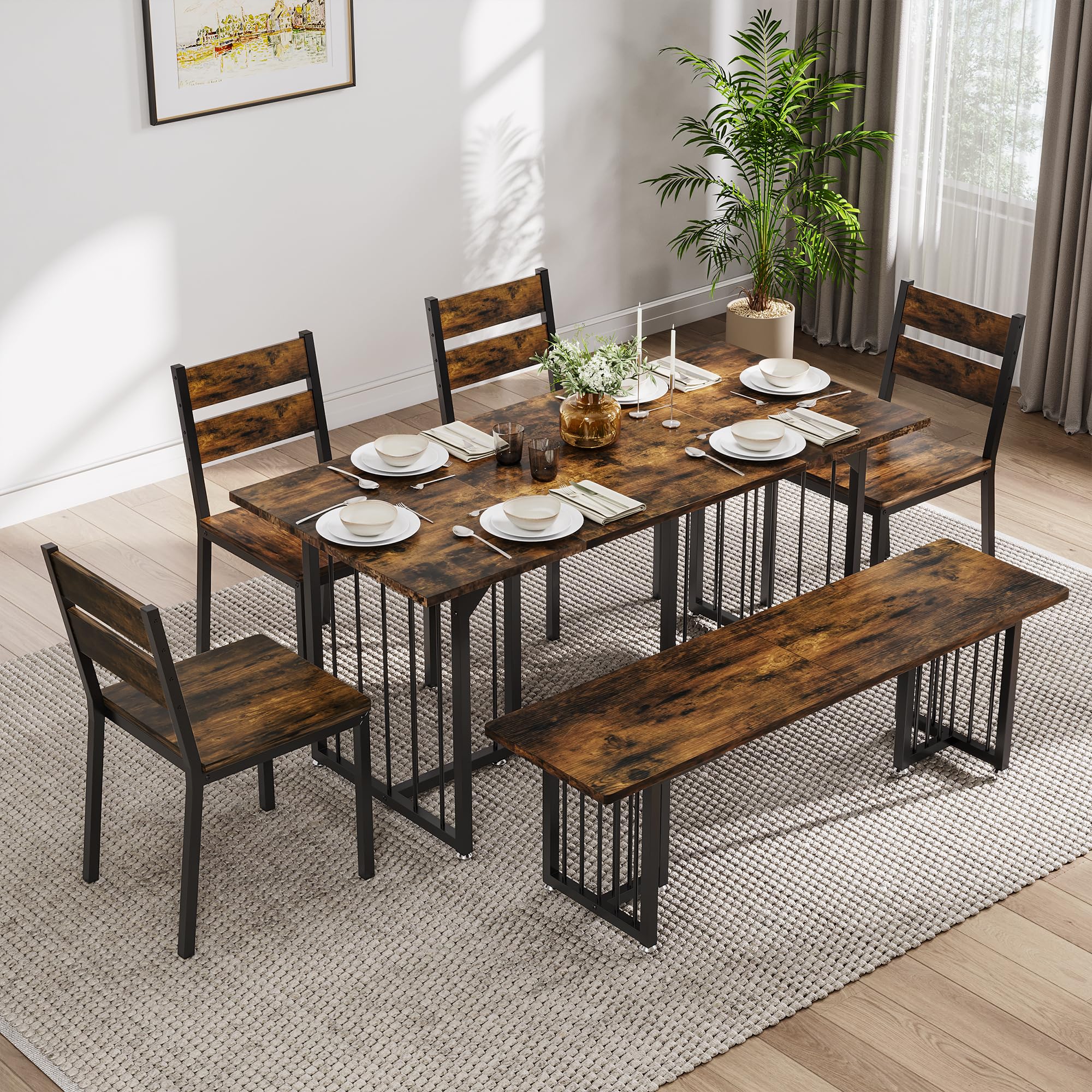 Photo 1 of DWVO 63 Inch Dining Table Set for 6-8 People 6-Piece Large Kitchen Table Set with 2 Benches and 4 Chairs Farmhouse Rectangular Dining Room Table for Kitchen Dining Room Apartment Rustic Brown