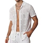 KENQOLA Mens Lace Shirt See Through Hollow Out Sheer Casual Short Sleeve Button Down Beach Shirts