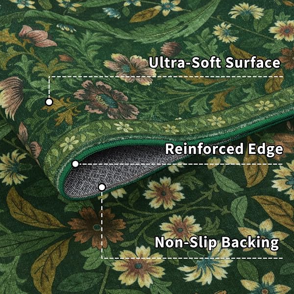 FLORAL WASHABLE 6X9 AREA RUG,DARK GREEN BOHO RUGS FOR LIVING ROOM, SOFT LOW-PILE NON-SLIP STAIN RESISTANT & NON-SHEDDING CARPET FOR BEDROOM, DINING ROOM, OFFICE, ENTRYWAY, NURSERY