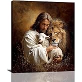 Jesus Lion Lamb Wall Art Christian Jesus Wall Decor Lion of Judah Pictures Religious God Canvas Painting Print Christ Artwork Decoration for Living Room Bedroom Church Framed Gifts 20&rdquo;X24&rdquo;