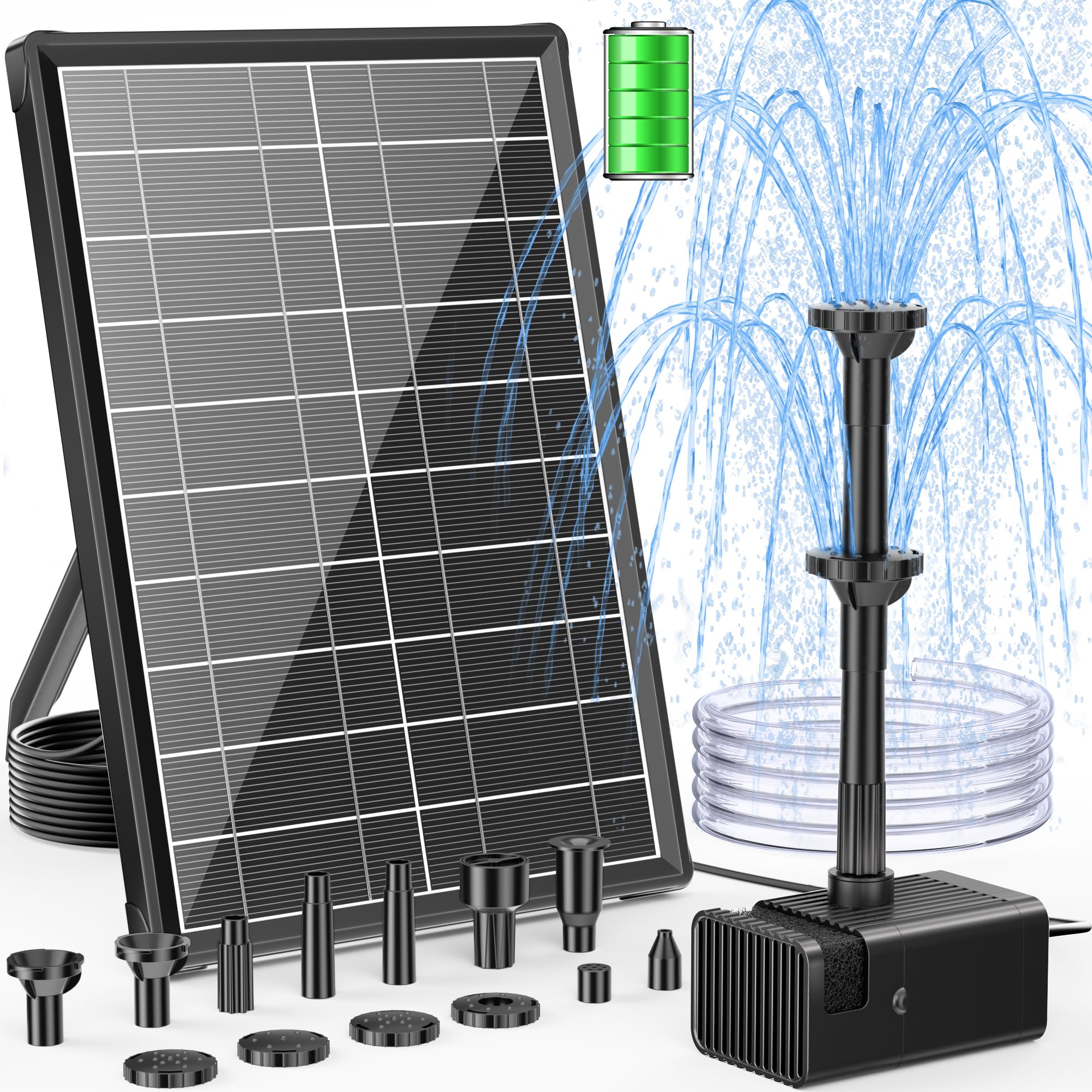 Photo 1 of POPOSOAP 8W Solar Fountain Pump with Built-in 3600mAh Battery, Solar Powered Bird Bath Fountain with Dry-run Protection & Double-layer Nozzles 5Ft Tubing for Pond, Bird Bath, Backyard Water Feature