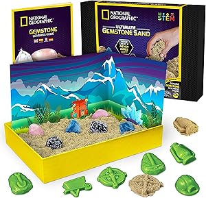 NATIONAL GEOGRAPHIC Gemstone Play Sand - 2 lb of Play Sand, 6 Molds, 6 Real Gemstones, A Kinetic Sensory Sand Activity Kit for Boys & Girls