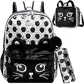 Meetbelify Cute Cat Backpack for Girls Sequin School Backpacks with Lunch Box for Elementary Students Kids Travel Bookbag Set 4 in 1