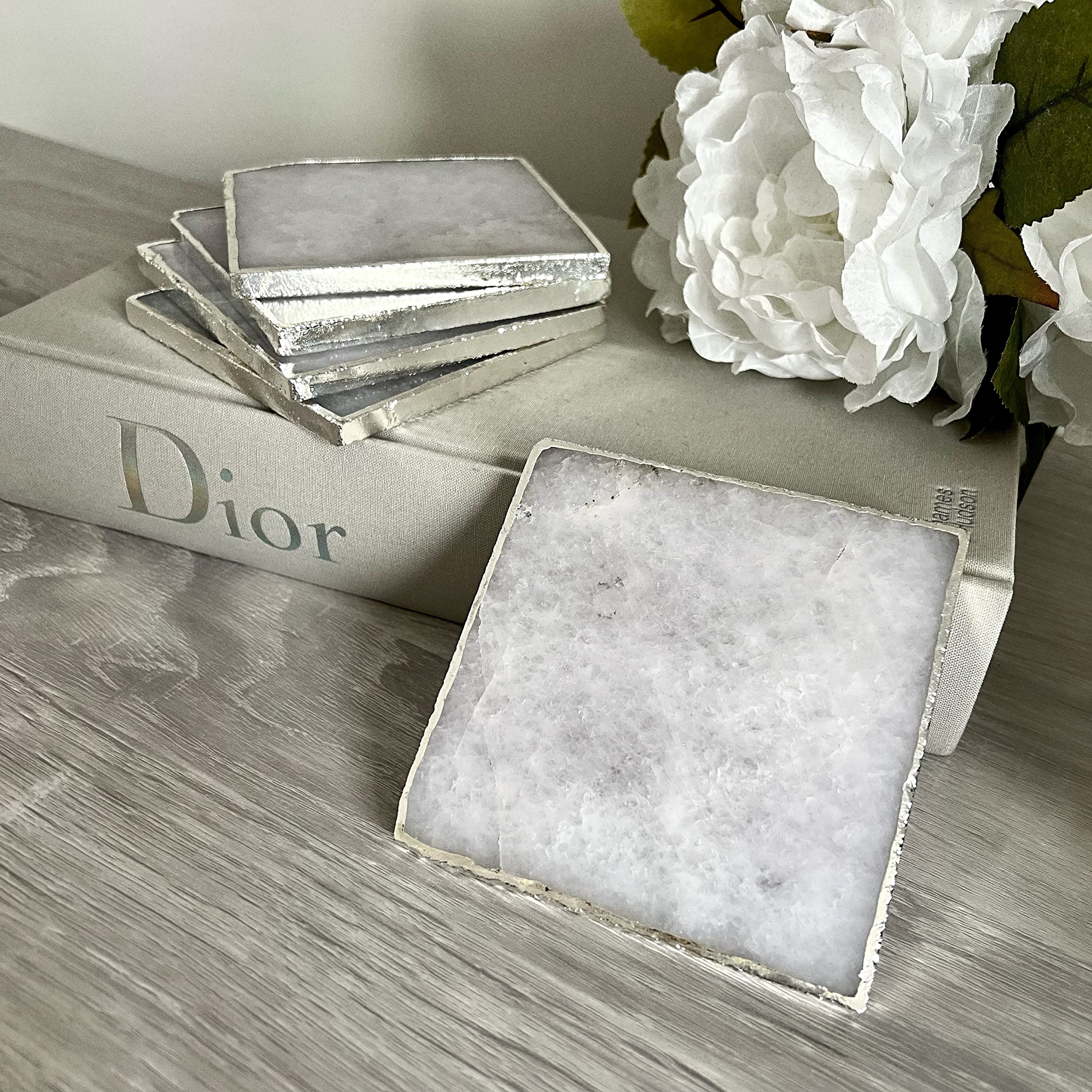 Crystal Coasters -White and Silver Agate Quartz - Square - Set Of 2