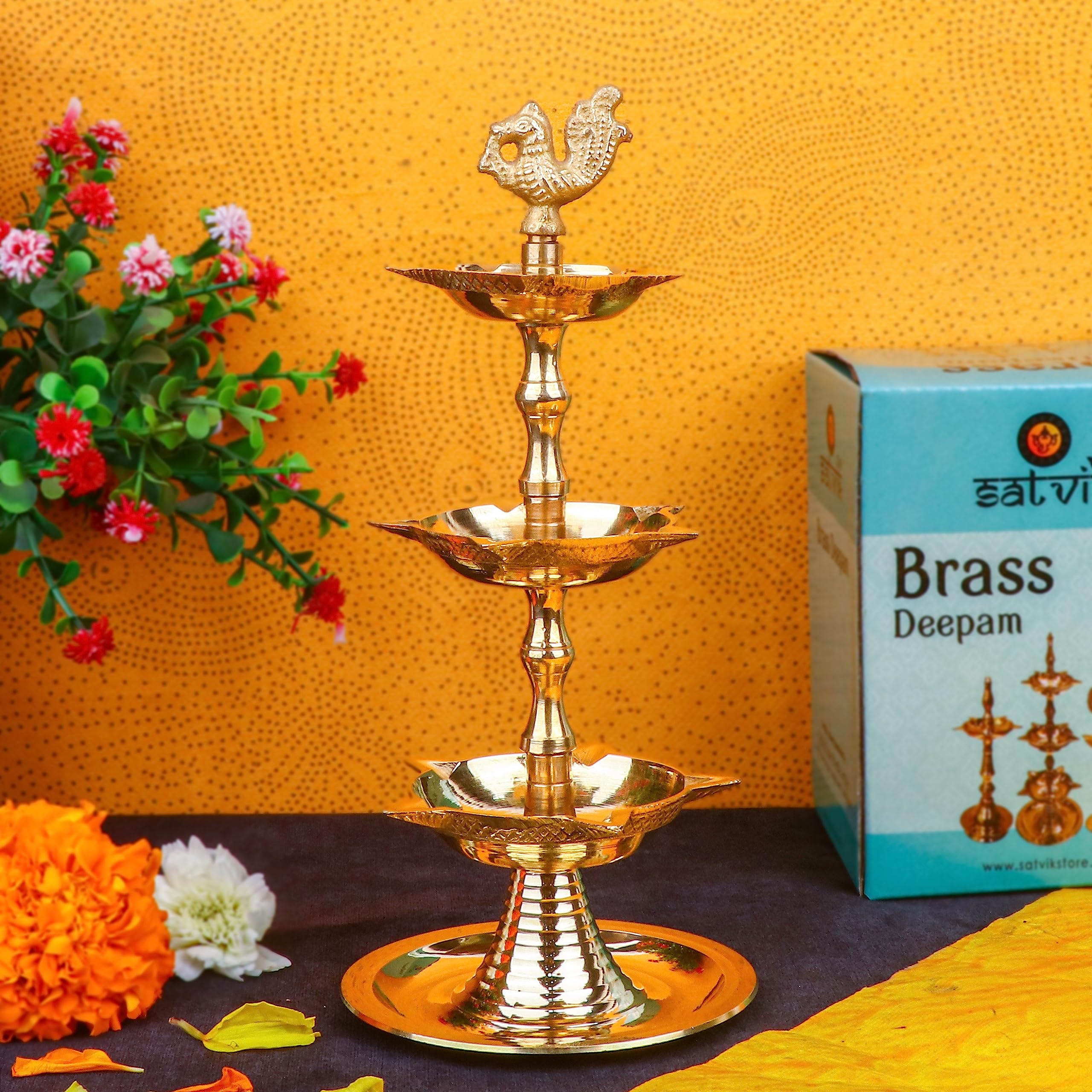 SATVIK 2 Pc Standing Brass Kerala Samai Diwali Deepak for Puja Traditional Panchmahal Pooja Deepam Diya Oil Lamp Kutthu Vilakku Dia 3 In 1 Step Adjustable 8.5 inch Deepawali Indian Gift Item