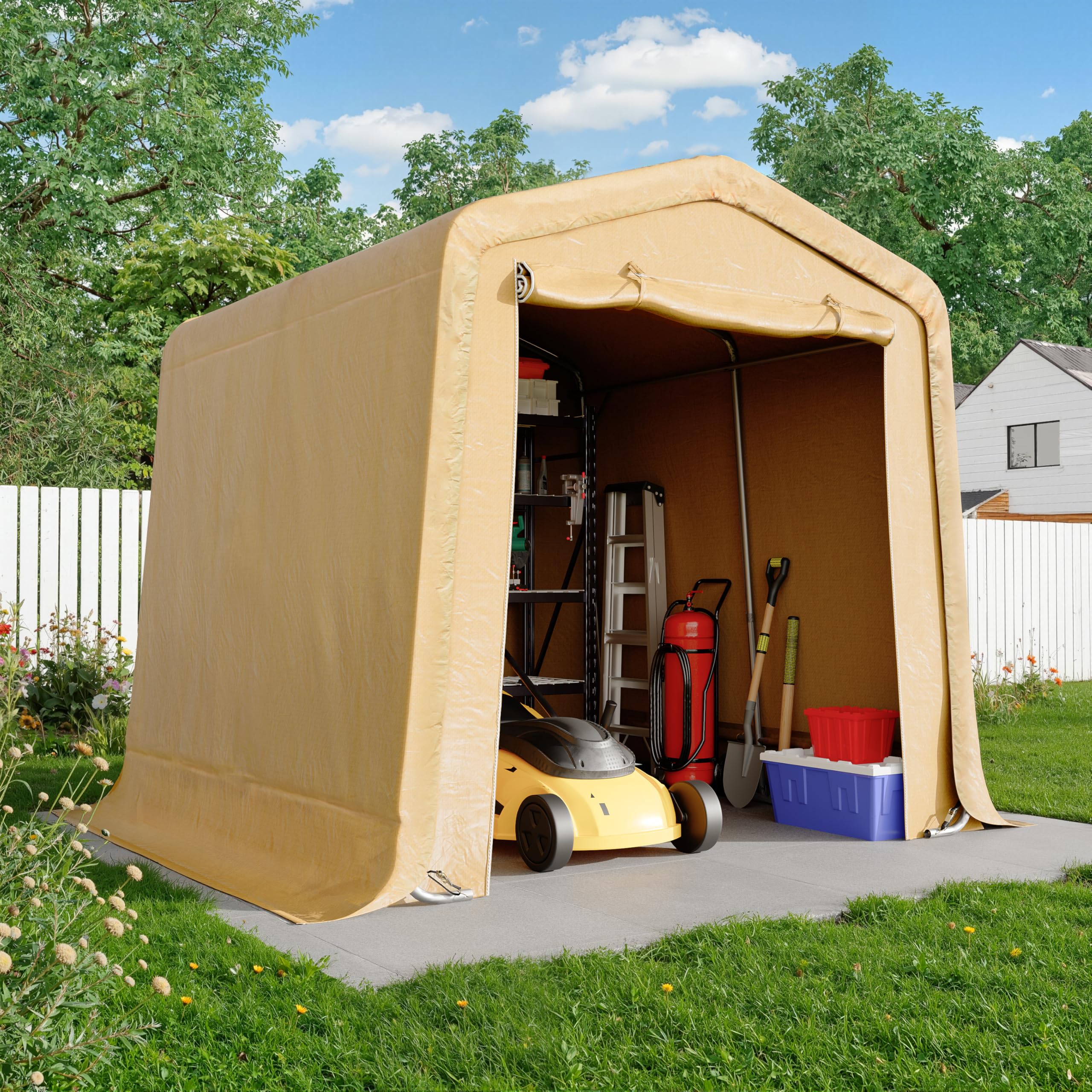 Photo 1 of CHARMELEON 8x8FT Heavy Duty Outdoor Storage Shelter,Portable Garage Shelter for Garden Tool Motorcycle Bike,All-Steel Metal Frame Storage Tent with Dual Doors & Thickened Fabric (Khaki)