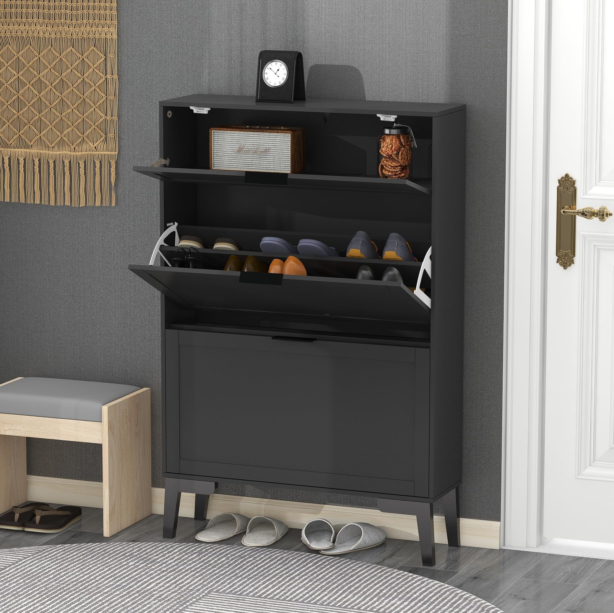 Photo 1 of TaoHFE Modern Shoe Cabinet for Entryway - Black Wooden Hidden Shoe Cabinet - Narrow Free Standing 3 Tier Rack