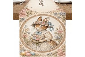 Vintage Easter Bunny Table Runner, Floral Rabbit Decor for Spring Holiday Dining Table Decorations 13x72 Inch