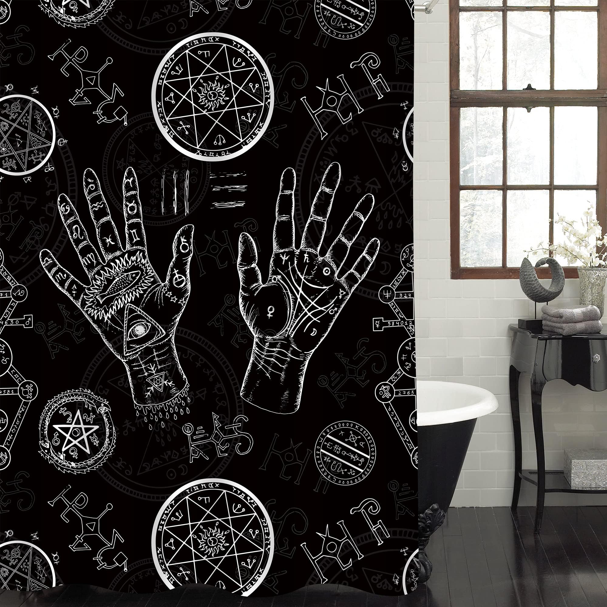 MitoVilla Cool Boho Palmistry Hand Shower Curtain Set with Hooks, Mysterious Bohemian Tribal Elements Bathroom Accsessories for Ethnic Home Decor, Black and White, 72" W x 72" L Standard for Bathtub