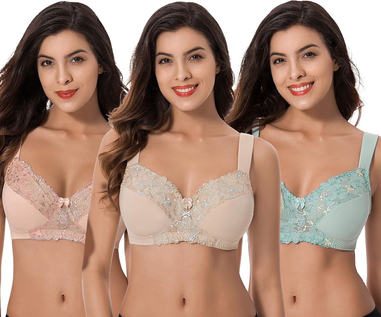 Curve Muse Plus Size Minimizer Unlined Wireless Bra with Lace Embroidery-3Pack at  Women’s Clothing store