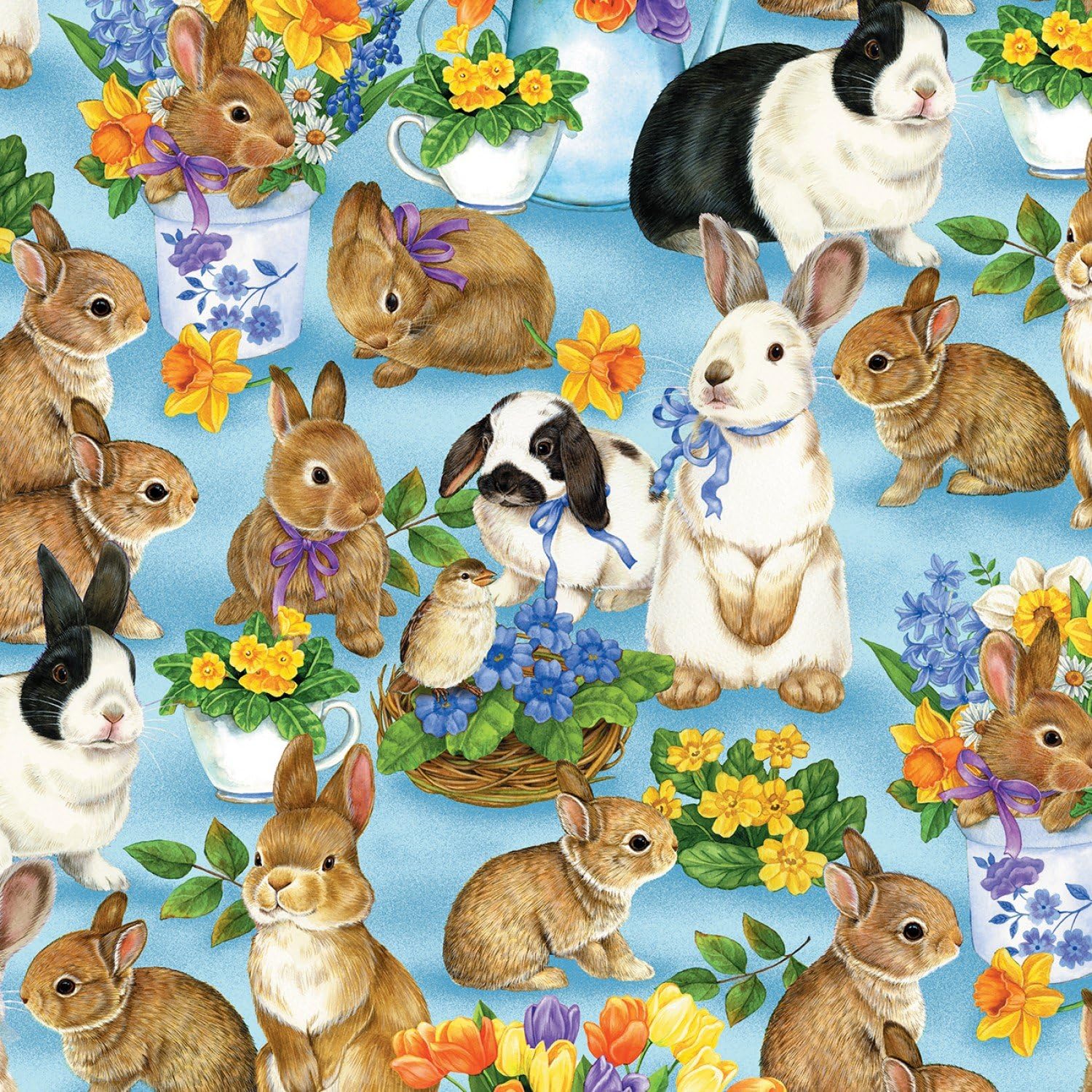 Wilmington EASTER BUNNIES FABRIC - Easter Bunnies Floral Blue - WIL12 - By 0.5 Metre - by 100% Cotton