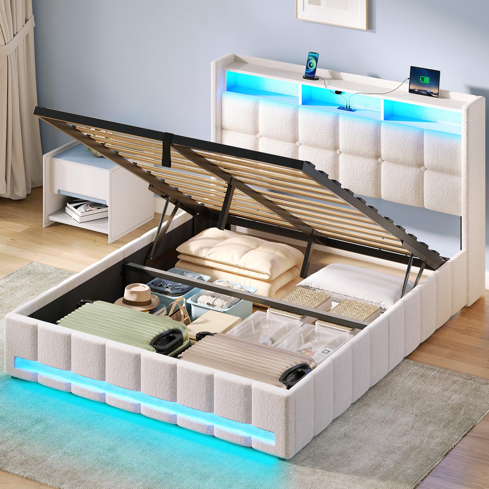 Rolanstar Bed Frame Full Size with Lift Up Storage, Charging Station & LED Lights, Upholstered Storage Headboard, Heavy Duty Wooden Slats, No Box Spring Needed, Noise Free, Easy Assembly, Beige Image