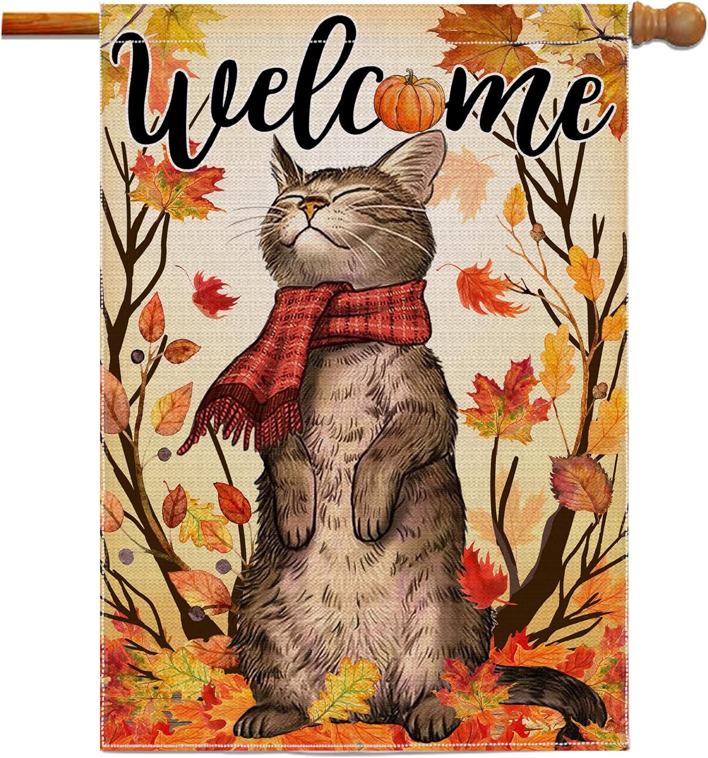 Flags - Cat Fall Flag 28 X 40, Welcome Fall Garden Flag for Fall Yard Outdoor Outside, Large Flag Burlap, Autumn Fall Leaves Decorations for Home Porch, Welcome Fall House Flag Sign Decor Cat Lover Gifts