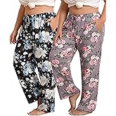 Vozanet Women's Plus Size Pajama Pants 2 Pack Lounge Bottoms with Drawstring and Pockets Ultra-Soft Sweatpants Loose PJS