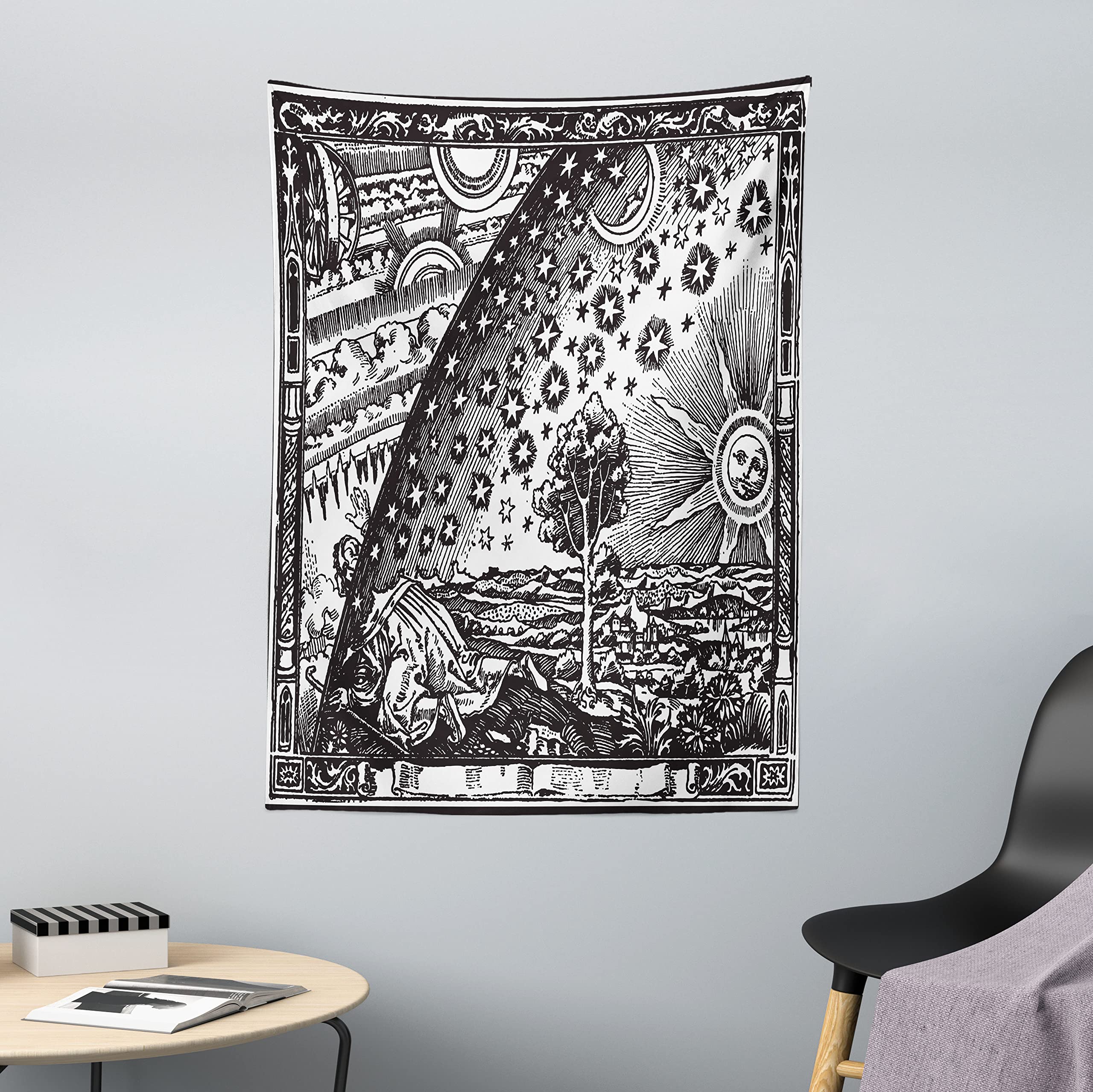 ABAKUHAUS Vintage Tapestry, Medieval Sacred Picture with Moon and Sun End of the World Themed Illustration, Fabric Wall Hanging Decor for Bedroom Living Room Dorm, 43 W X 58 L, Charcoal Grey
