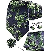 GUSLESON 3.15"(8cm) Mens Floral Tie and Lapel Pin Necktie Hankerchief Cufflinks Set for Men