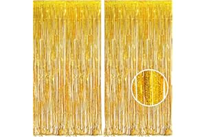 BRAVESHINE Gold Tinsel Foil Fringe Curtains - 2Pcs 3.2x8.2ft Holidays Photo Backdrop for Men 60th Birthdays/Bridal Wedding/Engagement/Anniversary/Hawaiian/Luau/Christmas/New Years Party Decorations