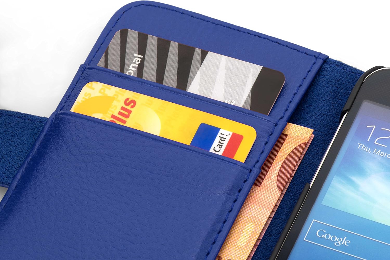 Cadorabo Book Case works with HTC DESIRE 300 in NAVY BLUE - with Stand Function and Card Slot made of Structured Faux Leather - Wallet Etui Cover Pouch PU Leather Flip - Image 3