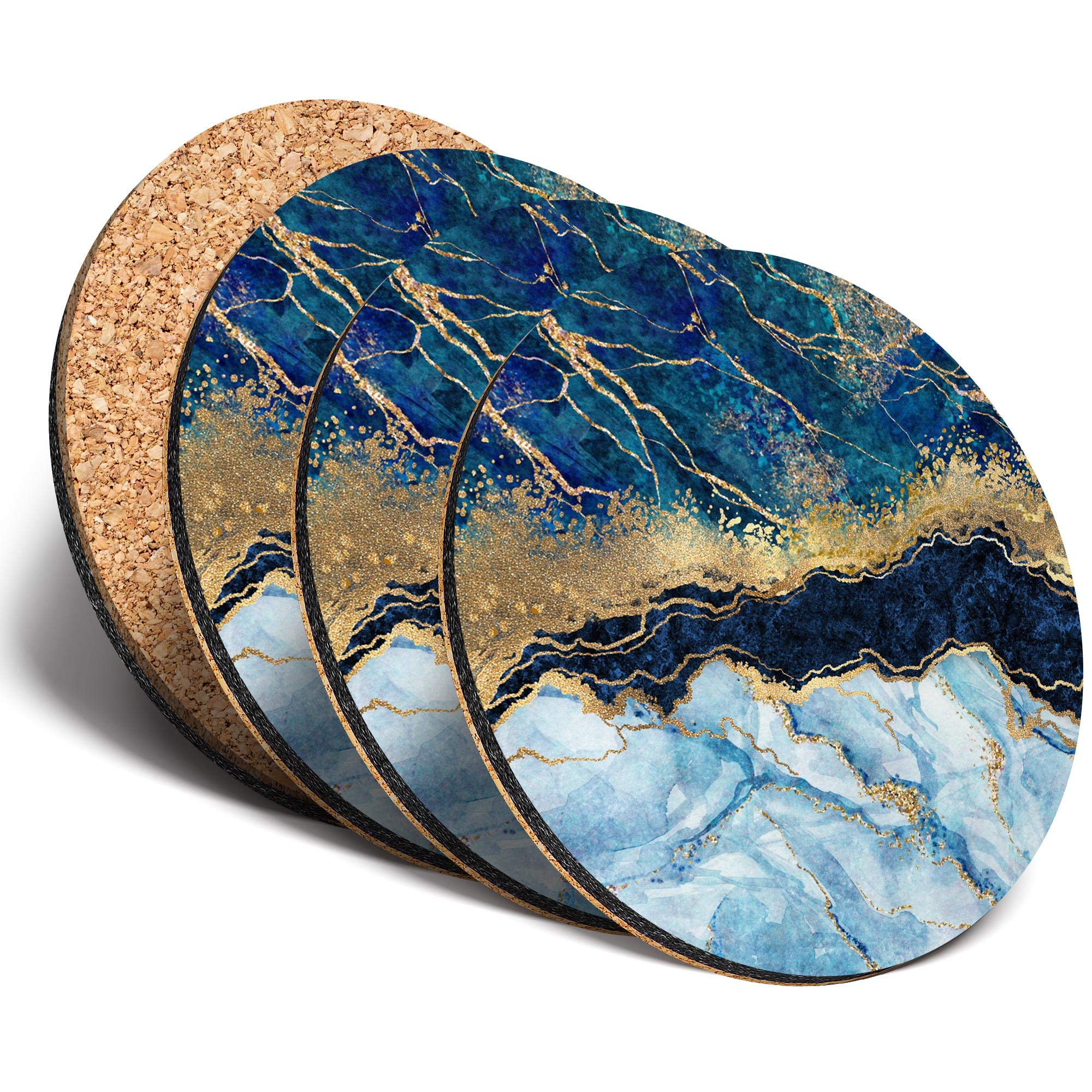 Destination Vinyl Ltd Great Coasters (Set of 4) Round - Marbled Art Effect Blue Gold Marble Drink Glossy Coasters/Tabletop Protection for Any Table Type #21152