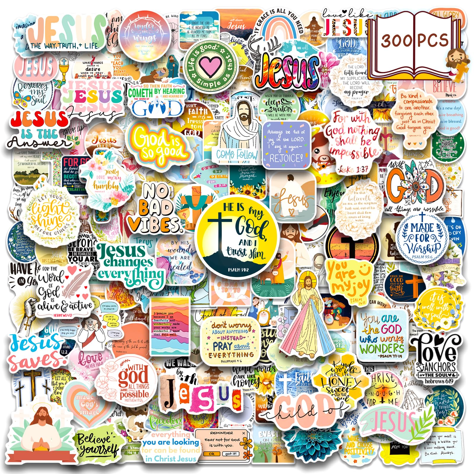 WAKEMOODEI WAKEMOODEI 300PCS Inspirational Christian Stickers, Jesus Religious Stickers for Water Bottle Laptop Waterpooof Bible Verse Stickers for Kids Adults Women Faith Stickers