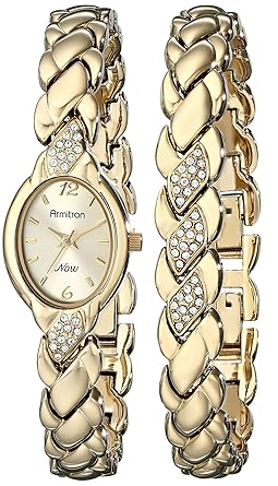 Armitron Womens 75/3901CHGPST Swarovski Crystal Accented Gold-Tone Bracelet and Watch Set