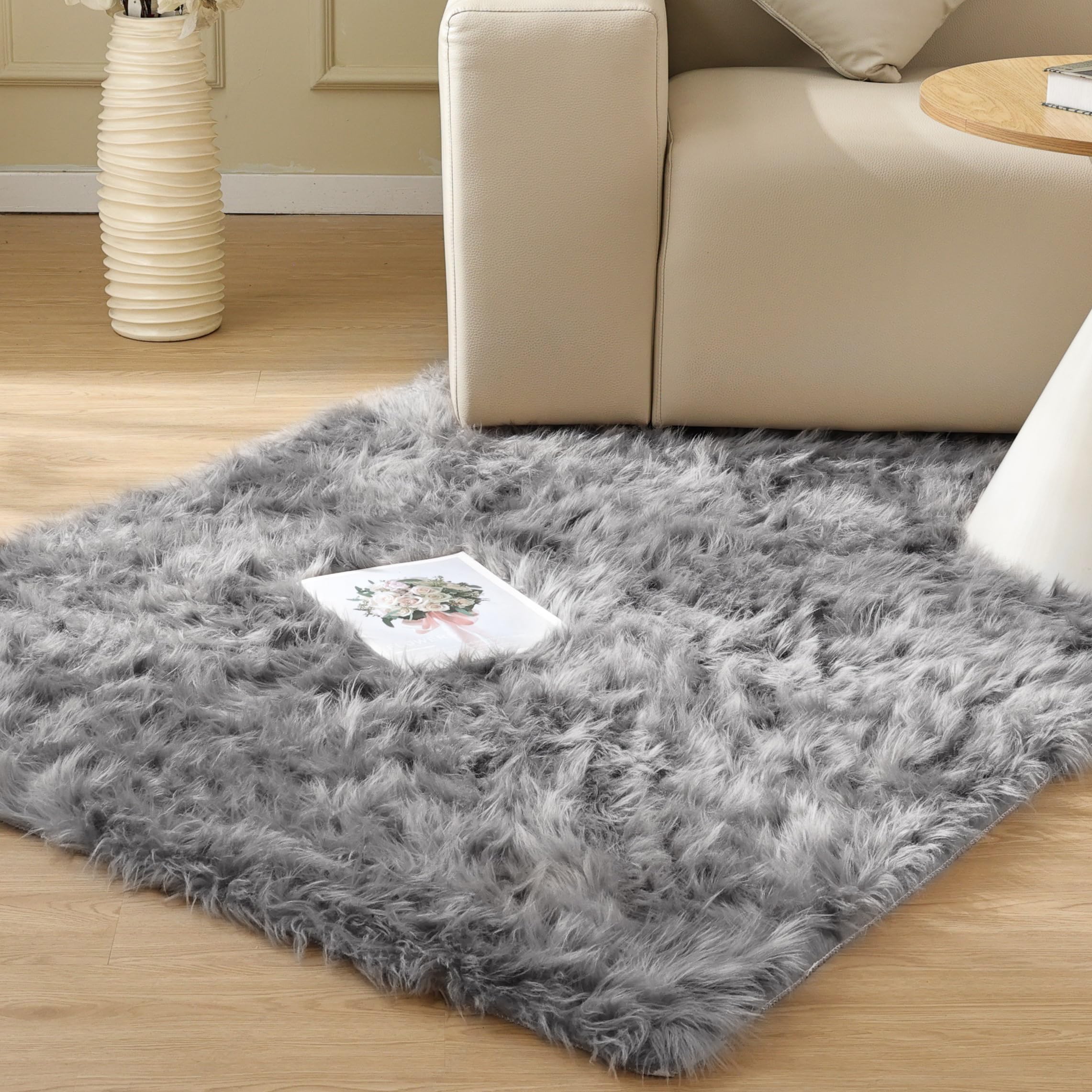 Photo 1 of ORINOVA Light Grey Furry Washable Sheepskin Fur Area Rugs for Living Room Faux Fluffy Fur Rug for Bedroom Nursery Rug 4x6 Rectangle Rugs