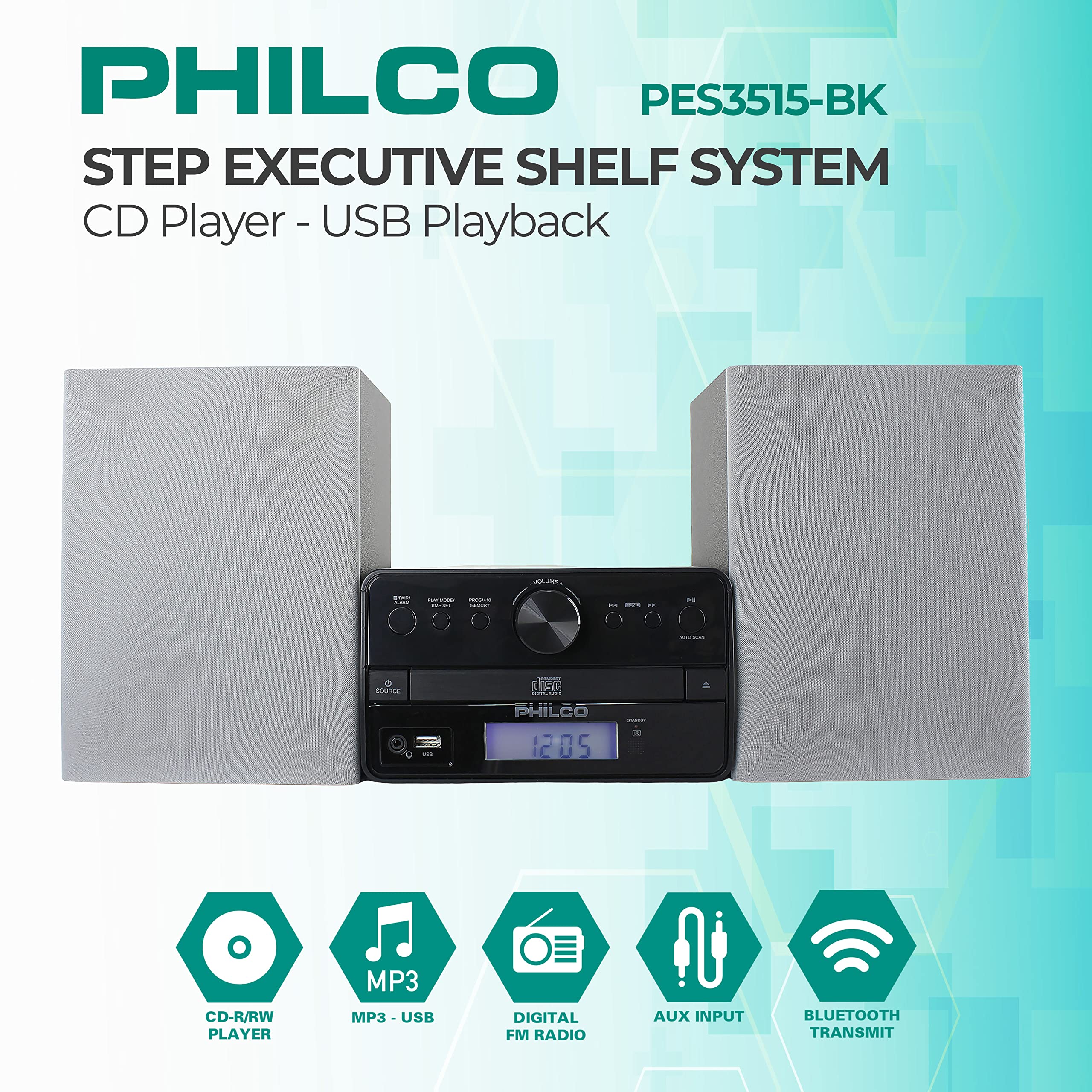 Philco Stereo Shelf Systems Tray Loading CD Player with Digital FM Radio, Bluetooth Streaming, Remote Control in Silver | LCD Display | 3.5mm Headphone Jack | MP3 & AUX Port Compatible | USB Input