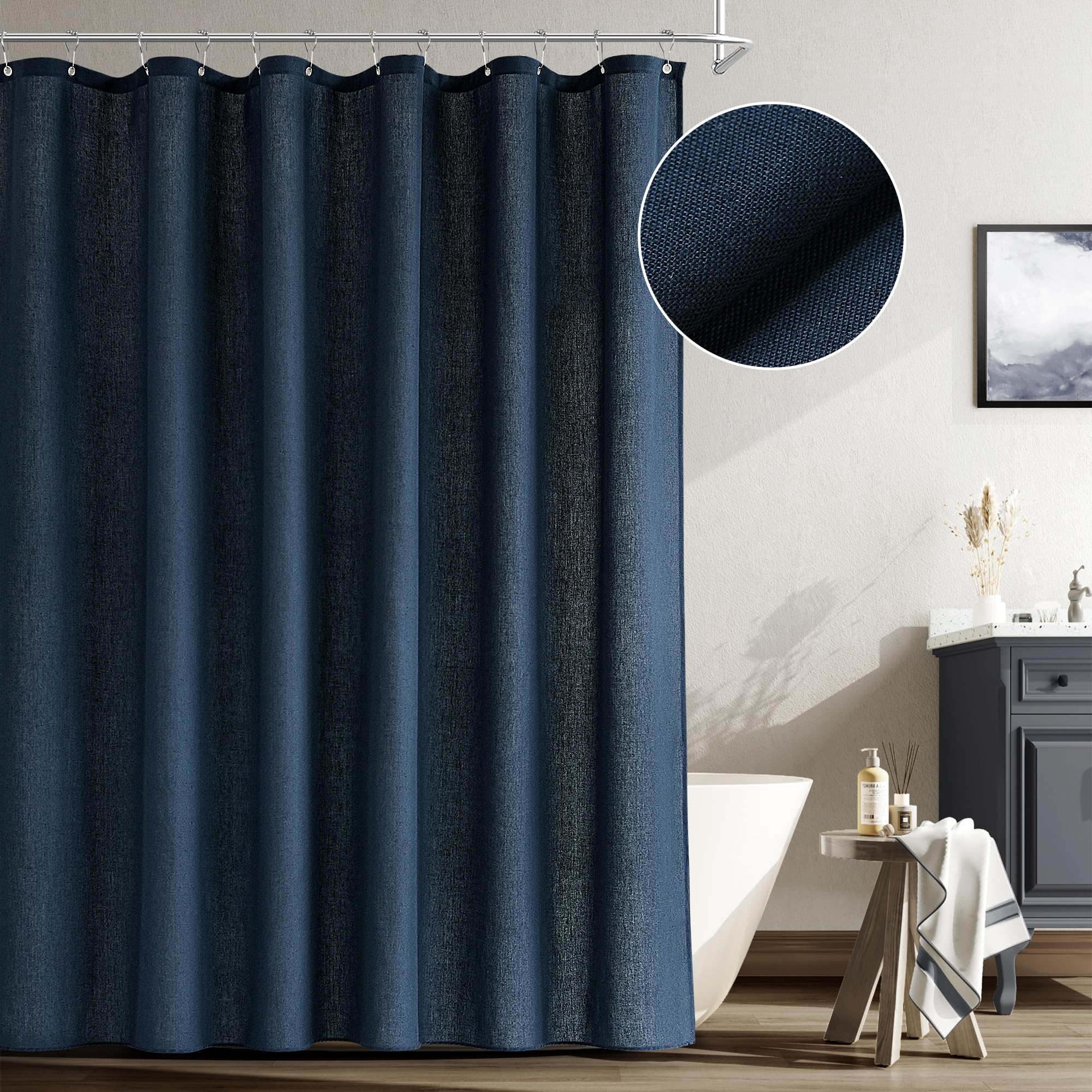 Naturoom Navy Blue Shower Curtain for Bathroom, Linen Textured Weighted ...