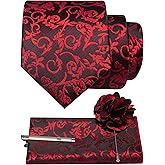 JEMYGINS Mens Floral Tie and Lapel Pin Necktie Pocket Square and Tie Clip with Sets for Business Casual 4PCS