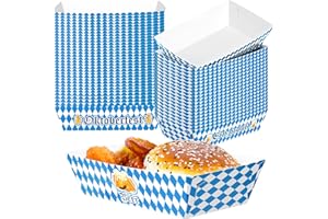 QZYL 50 PCS Oktoberfest Paper Food Tray, Blue White Oktoberfest Party Supplies with 3 Designs, Disposable Oktoberfest Decorations, Fold-to-Assemble Boat Beer Festival Food Tray for Bavarian Celebration