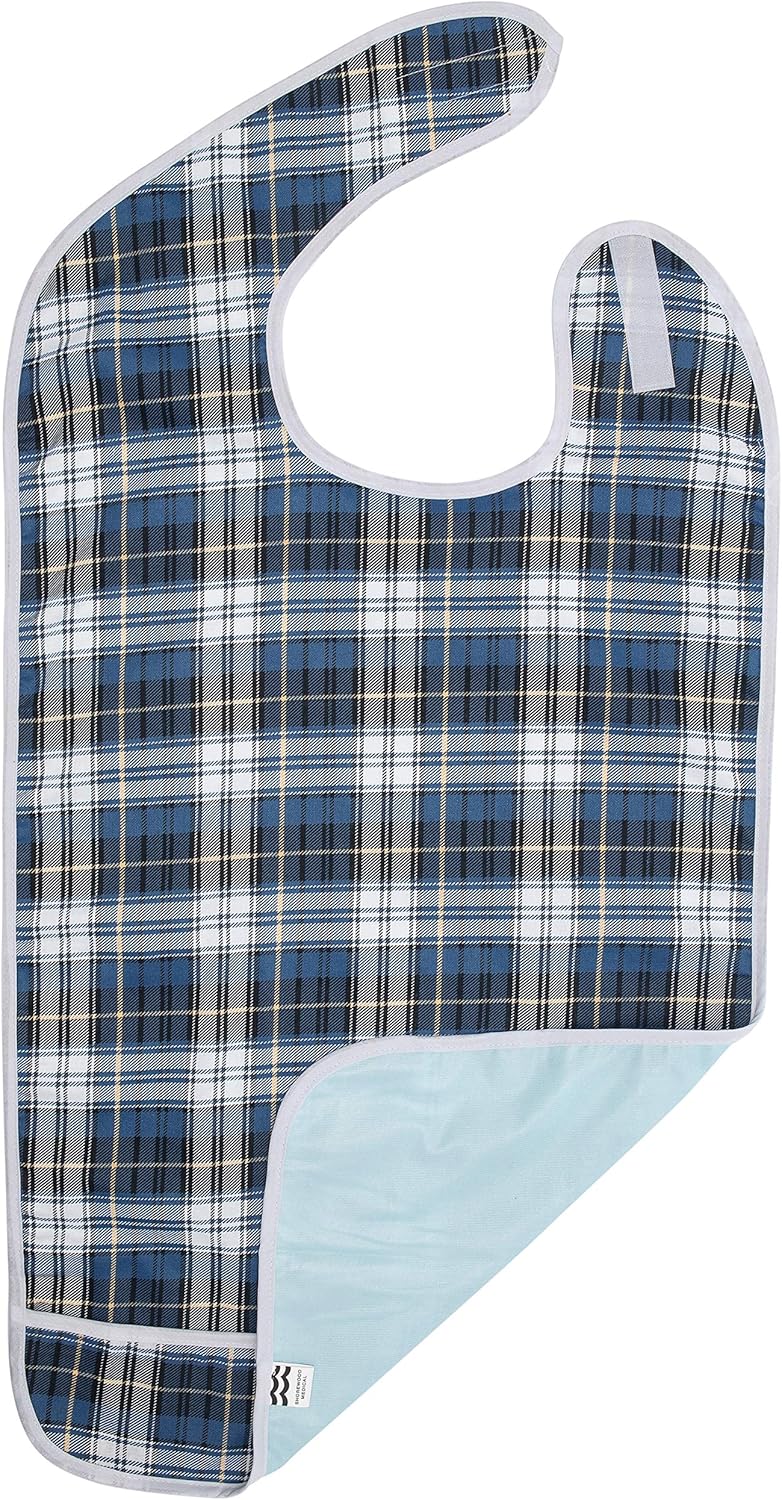 Adult Bib for Eating, Waterproof Clothing Protector with Crumb Catcher. Machine Washable, (Blue Plaid): Clothing