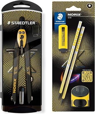 NORIX Set de compás de ajuste rápido, blíster con 2 lápices HB, goma de borrar y sacapuntas individual, amarillo