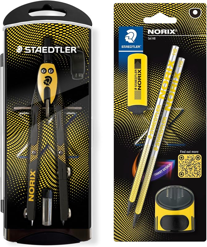 Conjunto de Bússolas NORIX de Ajuste Rápido, bolha com 2 lápis HB, borracha e apontador individual, amarelo