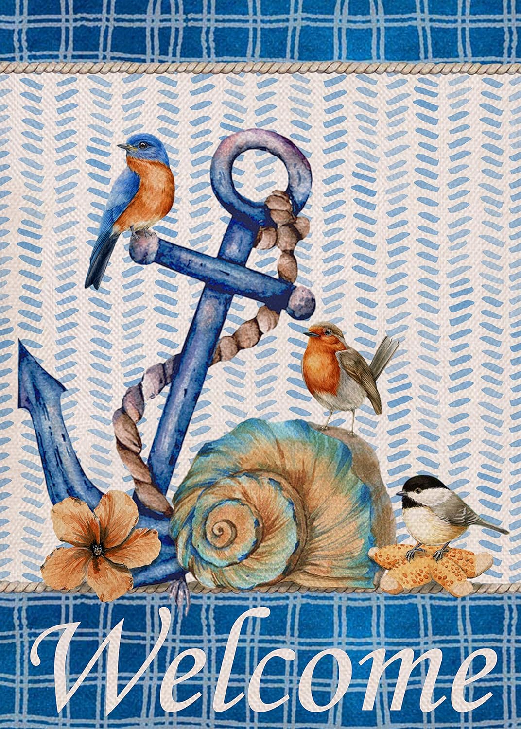 Covido Home Decorative Welcome Anchor Small Garden Flag, Nautical Blue Bird Buffalo Plaid Beach Summer House Yard Outdoor Decor Farmhouse Coastal Conch Sea Outside Decoration Double Sided 12x18