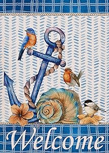 Covido Home Decorative Welcome Anchor Small Garden Flag, Nautical Blue Bird Buffalo Plaid Beach Summer House Yard Outdoor Decor Farmhouse Coastal Conch Sea Outside Decoration Double Sided 12x18