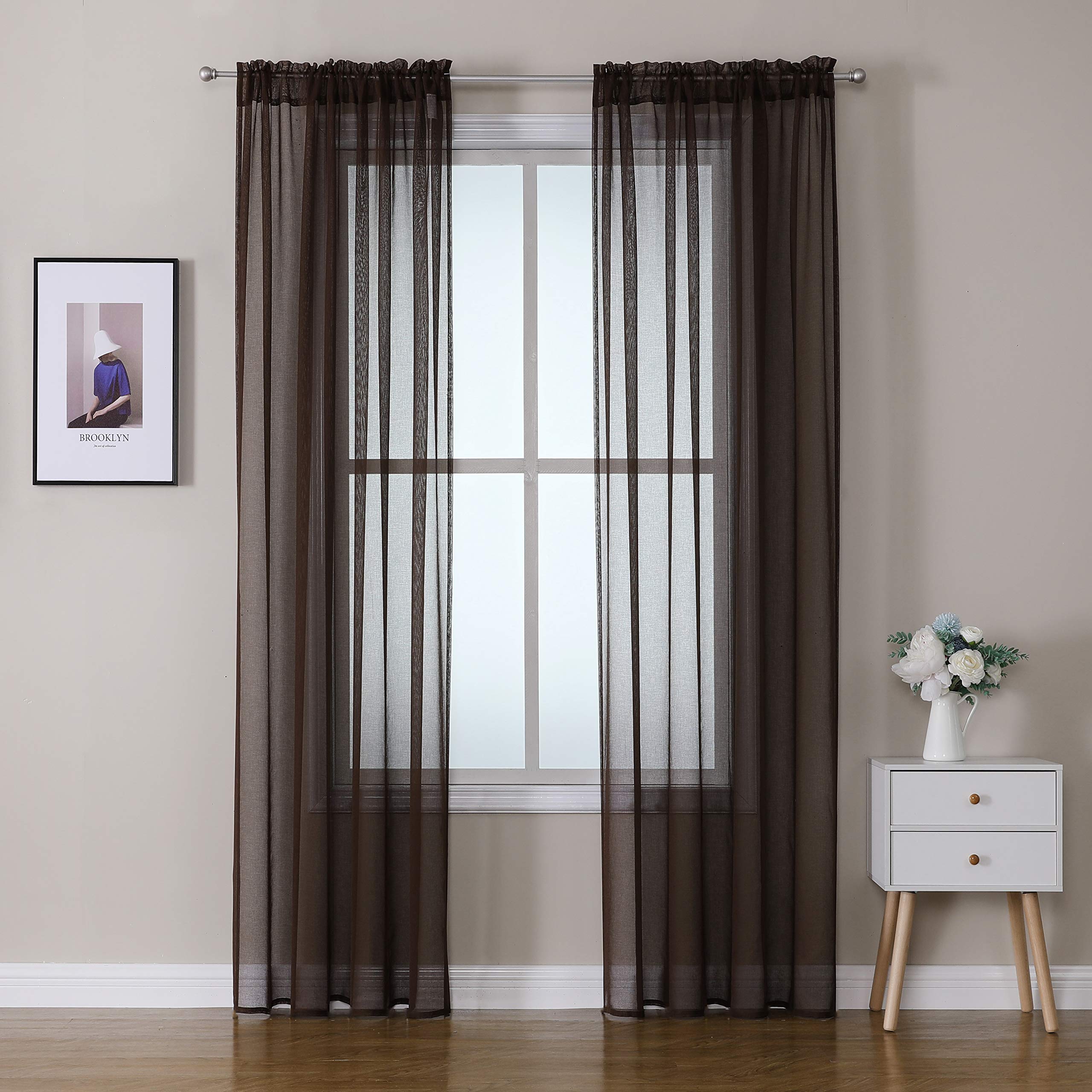 MIULEE 2 Panels Sheer Window Curtains Elegant Window Voile Panels/Drapes/Treatment for Bedroom Living Room 55" Wx102 L Rod Pocket Chocolate — image 1