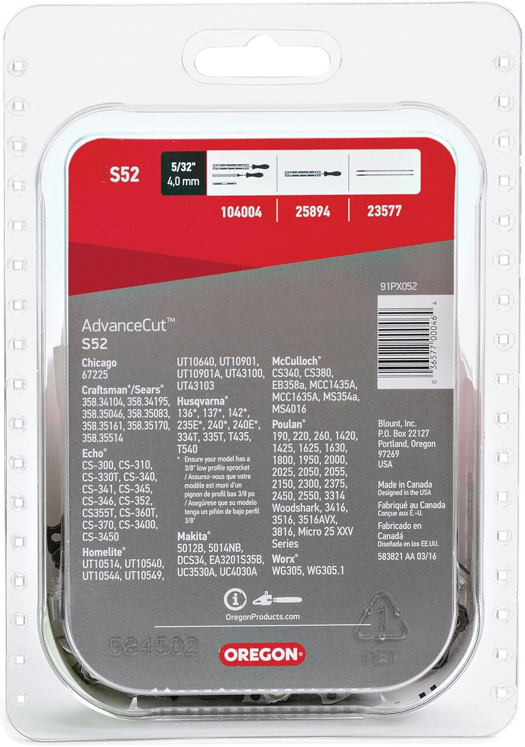 Oregon S52 AdvanceCut Chainsaw Chain for 14-Inch Bars, Fits Craftsman, Echo, Homelite, Poulan, 52 Drive Links: Garden & Outdoor