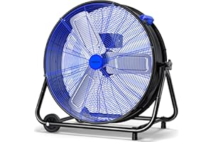 VAGKRI 24 Inch Industrial Drum Fan, 320W High Velocity Floor Fan, 3 Speed Heavy Duty Metal Air Circulator, 360° Tilt with Casters Handle ETL Standard for Patios, Warehouse, Commercial,Basement (Blue)