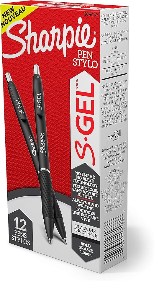Sharpie SGel, Gel Pens, Bold Point (1.0mm), Black Ink Gel Pen, 12