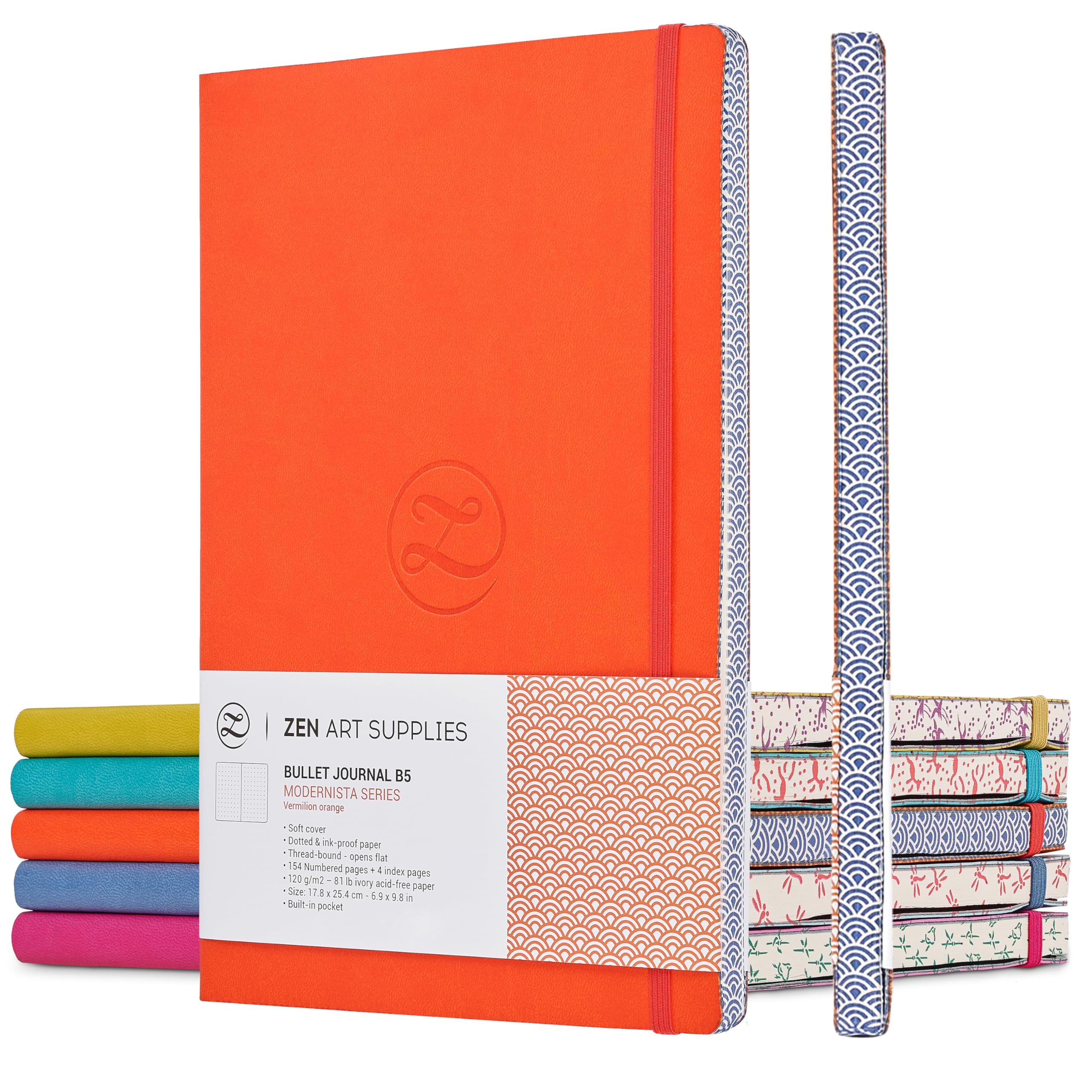 Soft Cover Large B5 Dotted Journal – Enjoy Bullet Journaling with a 7×10-inch, Non-Bleed Thick 120gsm Paper, Dot Journal in Orange, Japanese Edge Motif – Faux Leather Lay Flat Dot Notebook